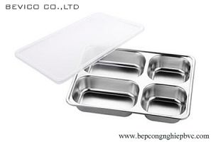 Khay inox 4 ngăn sâu lòng nắp nhựa (mẫu 282240-4P2)  | Inox 201 | KT: 28 x 22 x 4cm